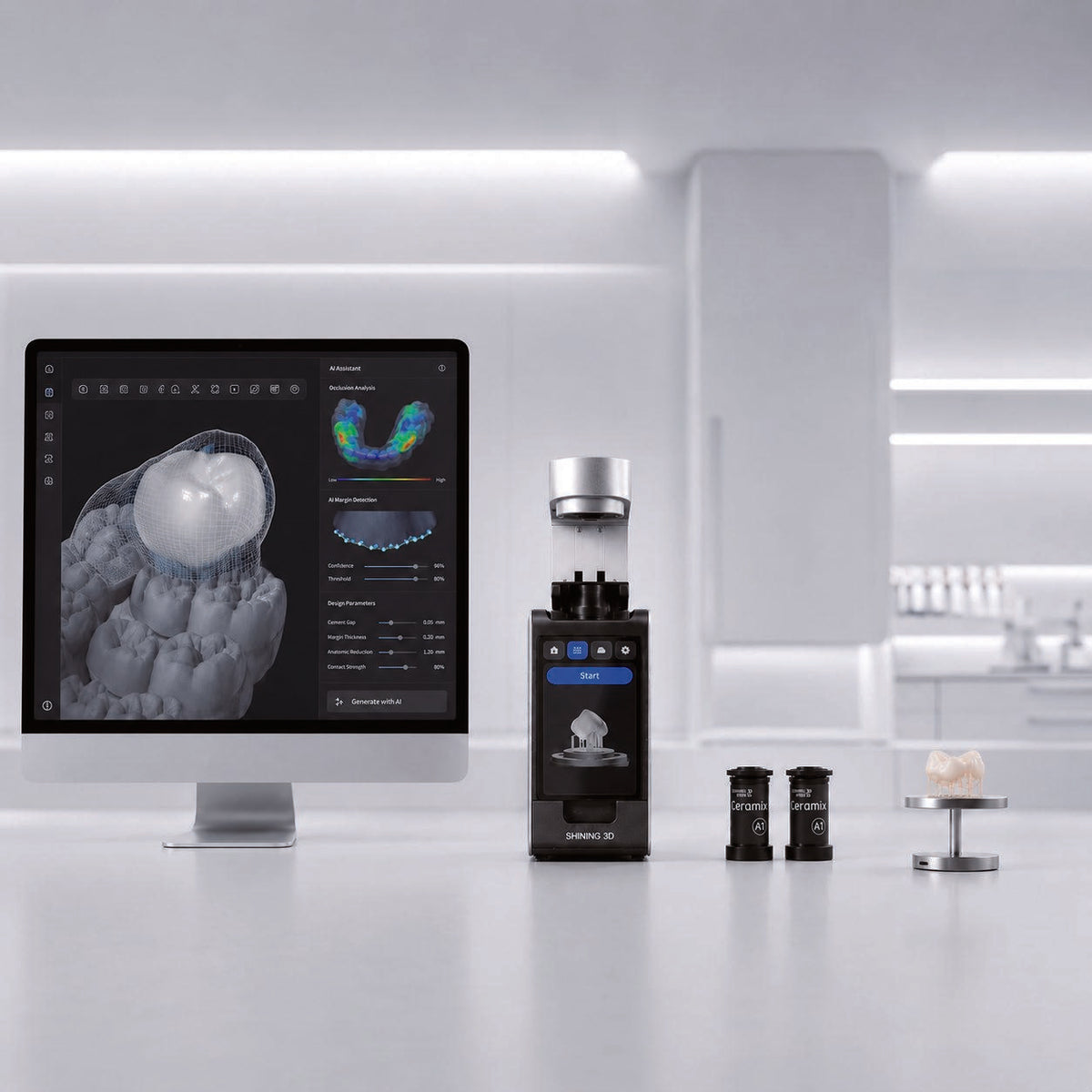 Ceramix-Nano avec ordinateur de conception, capsules et exemple de restauration ; mise en situation constructeur